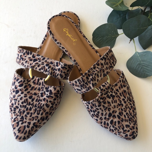 Qupid Shoes - Animal Print Cutout Mule Flats